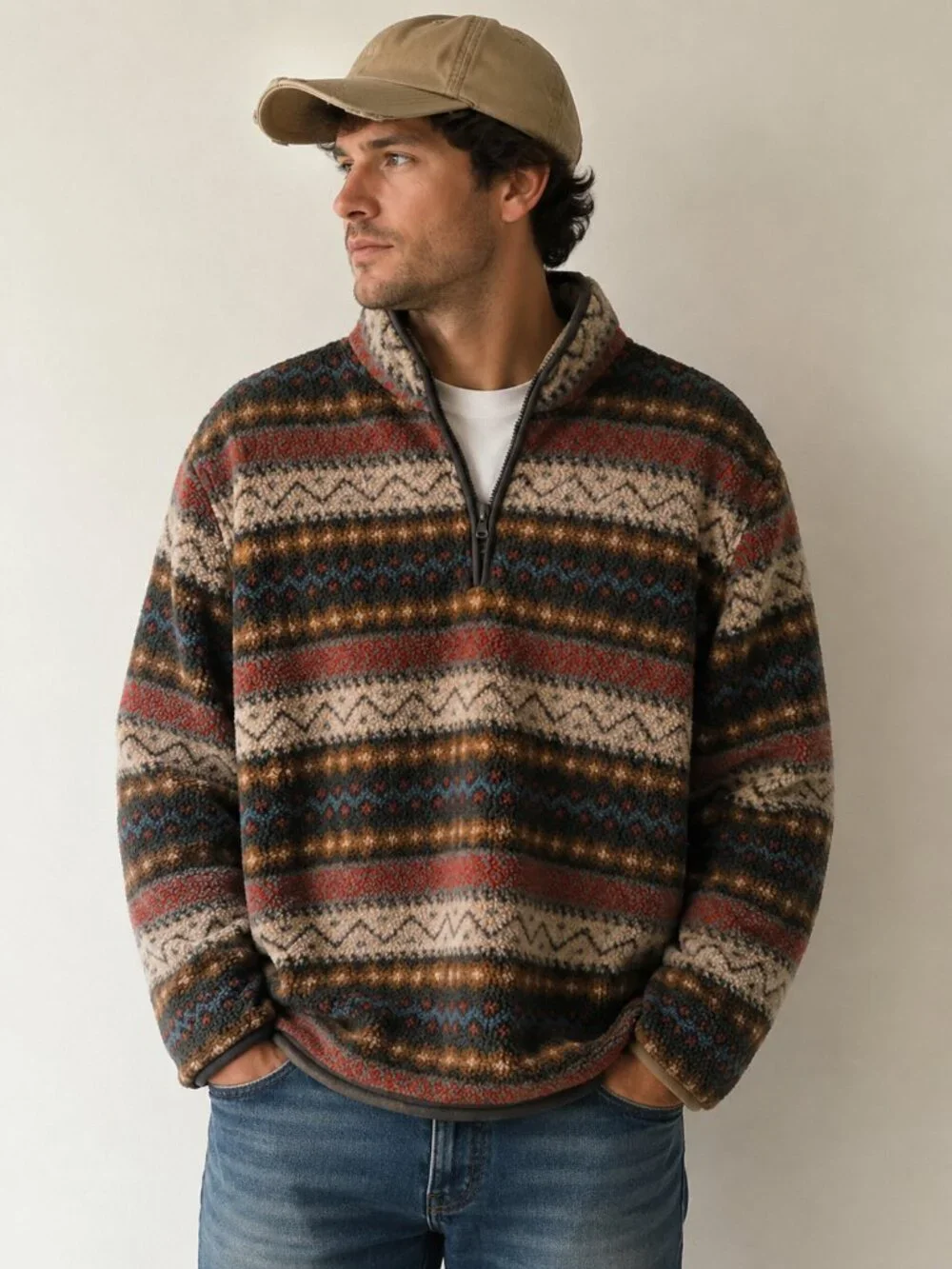 Old Navy Fair Isle Fleece Pullover Mens Large 1/4 Zip Cabincore Gorpcore Nordic